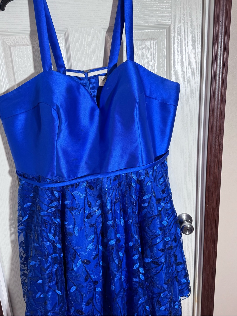 Sydney's Closet Cobalt Blue Satin Bodice Mini Dress with Leaf Appliqué